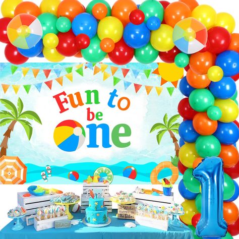 PRICES MAY VARY. Summer Beach 1st Birthday Decorations: Include 1pc fun to be backdrop 5*3 ft, 2pcs beach ball balloons 12”, 60pcs latex balloons 12”, 15pcs latex balloons 5”, 1pc number 1 foil balloon 32”, 1pc balloon tape strip, 1 roll of adhesive dots and 2pcs ribbons. High Quality: Beach ball birthday party decorations are made of premium latex, foil and vinyl, sturdy and durable. Unique Design: Fun to be one backdrop is designed as cute summer pool theme patterns, matching colorful latex ba Fun To Be One Birthday, Beach Ball Birthday, Beach Ball Party, Themed 1st Birthday, Ball Birthday Parties, 1st Birthday Party Decorations, 1st Birthday Decorations, Garland Arch, First Birthday Themes