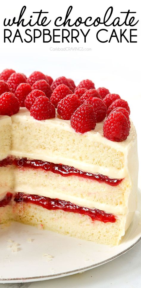 Raspberry Filled Cake Recipe, Round Cake Recipes, White Cake With Raspberry Filling, Unique Cake Ideas, Start Jogging, White Chocolate Raspberry Cake, Raspberry Cake Recipes, Swiss Rolls, Chocolate Cream Cheese Frosting