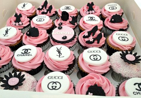 Channel Cupcake Ideas, Branded Cupcakes, Chanel Birthday Party Decoration, Chanel Cupcakes, Chanel Birthday Cake, 34 Birthday, Sweet 16 Cupcakes, Designer Essentials, Chanel Birthday Party