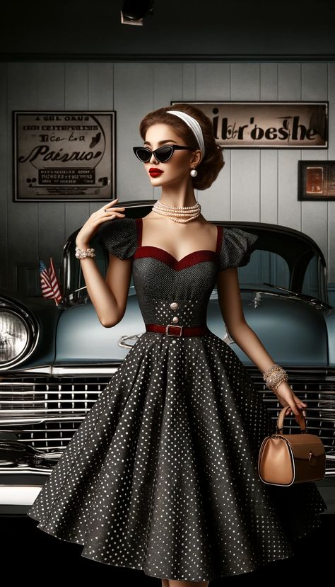 Dive into the elegance of the 1950s! Our feature blends the classic charm of A-line dresses and polka dots with a modern twist. Pearls, cat-eye sunglasses, and red lips complete the look. Revive timeless style in today's fashion! Share your vintage-inspired outfits. #RetroChic #1950sFashionRevival Hollywood 50s Fashion, Retro 1950s Fashion, Retro Glamour Outfit, 1950s Outfits Women, Fotos Vintage Retro, 50s Party Outfit, Retro Glamour Dress To Impress, 1950 Outfits, 50s Style Outfits