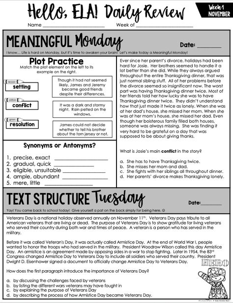 *A DIGITAL OPTION HAS BEEN INCLUDED FOR GOOGLE SLIDES AND FORMS/GOOGLE CLASSROOM* Be sure to re-download! There are directions and links inside the pdf.  Hello, ELA! This resource is a unique way to get your students warmed up at the beginning of your ELA block.  Each month contains 4-5 weeks of ELA bell work, which 8th Grade English, Math Morning Work, Word Skills, Daily Review, 6th Grade Reading, 8th Grade Ela, Text Structure, Math Assessment, Bell Work