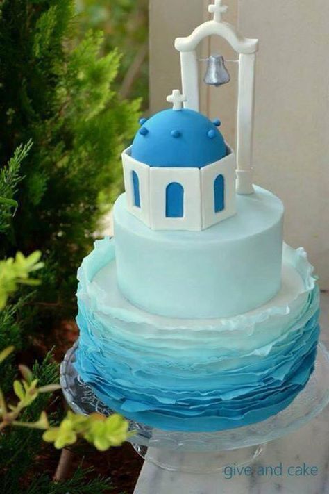 Greek themed cake Greek Themed Cake, Greek Wedding Cake, Santorini Party, Greek Party Theme, Navy Blue Wedding Cakes, Greek Cake, Sports Themed Cakes, Wedding Cake Navy, Greek Wedding