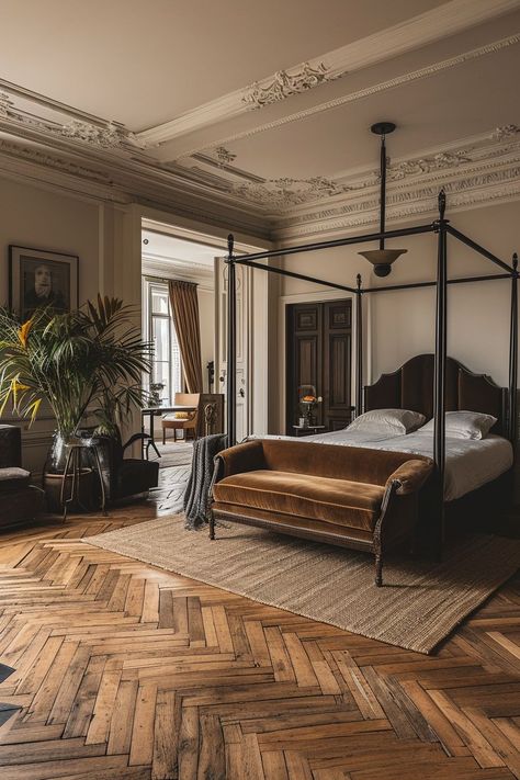 Bedroom Inspo Modern Elegant, Unconventional Bedroom Ideas, Speakeasy Aesthetic Bedroom, Brownstone Bedroom Ideas, Master Victorian Bedroom Ideas, Modern French Style Bedroom, Dark French Bedroom, Spanish Style Homes Interior Bedroom, Victorian Master Bedrooms Decor