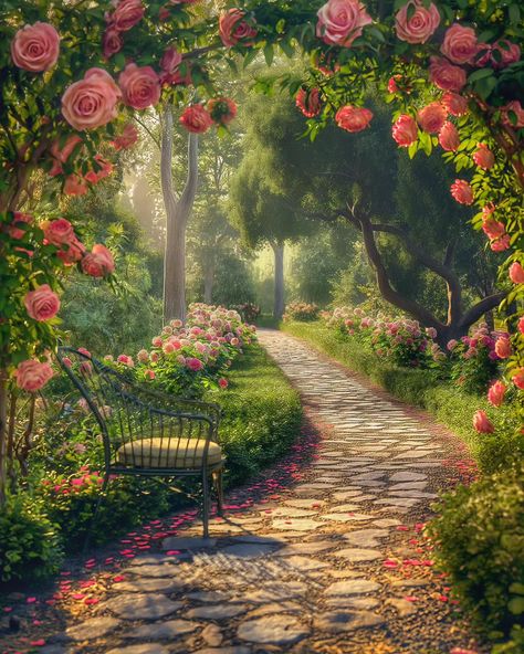 Nature Princess, Fairy Garden Background Aesthetic, Garden Background, Fantasy Fields Magic Garden, Rose Garden Ideas, Elven Garden Fantasy Art, Rose Garden Painting, Royal Garden Background Anime, Rose Garden Fantasy Art