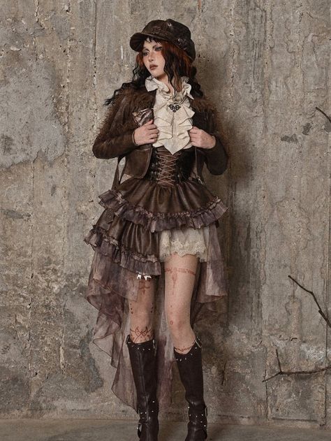 [$112.25]Brown Western Style Steampunk Asymmetrical PU Overall Dress with Detachable Train Steampunk Christmas Outfit, Cool Western Outfits, Old Western Dresses, Steam Punk Fashion Women, Old Western Outfits, Steampunk Outfit Ideas, Neo Victorian Fashion, Steam Punk Outfits, Old Western Outfits Women