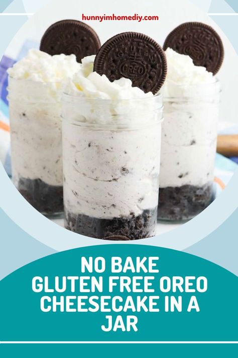 When it comes to finding delicious no bake desserts, cheesecake is a great option! And thanks to the invention of gluten free Oreos, you can enjoy a delicious dessert without the gluten! This simple recipe for no bake gluten free Oreo cheesecake in a jar is sure to satisfy your sweet tooth. That makes it the perfect gluten free dessert for just about any occasion. Oreo Cheesecake Jars, Gluten Free Cheesecake Cups, Cheesecake Bites Gluten Free, Gluten Free Mason Jar Desserts, Gluten Free Cheesecake In A Jar, Gluten Free Mini Dessert Cups, Gluten Free Dessert Shooters, Gluten Free Parfait Desserts, Mini Gluten Free Desserts