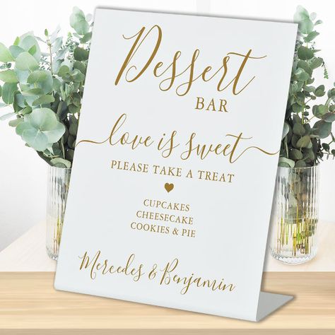 Love Sweet Personalized Gold Wedding Dessert Bar Pedestal Sign Anniversary Dessert, Wedding Dessert Bar, Bridal Shower Desserts Table, Desert Bar, Gold Reception, Favors Table, Dessert Table Sign, Bridal Shower Desserts, Modern Chic Wedding