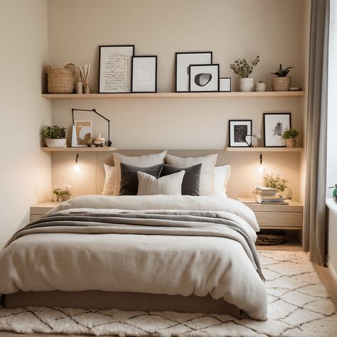 Bed With Shelf Headboard Aesthetic, Over Bed Floating Shelf, Small Couple Bedroom Ideas Space Saving, Aesthetic Tiny Bedroom, Small L Shaped Bedroom Ideas, Small Bedroom Shelf Ideas, Bedroom With Shelves On Wall, Bedroom Wall Shelf Ideas Above Bed, Decorating Small Master Bedrooms