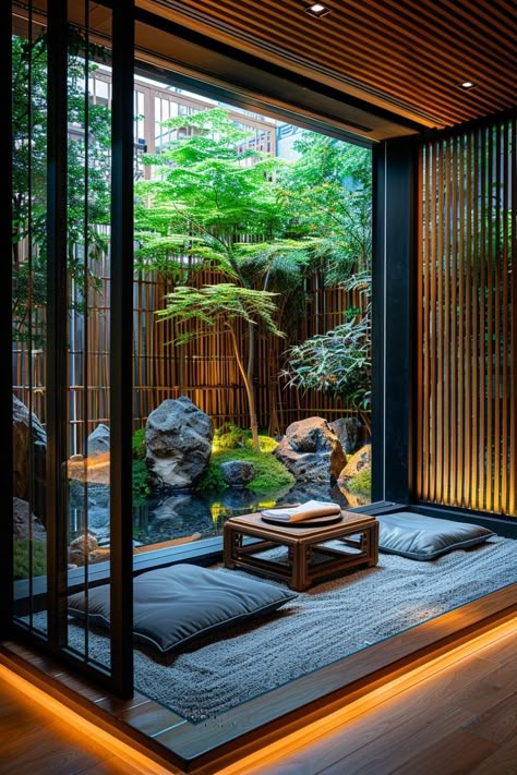 29 Elegant Zen Decor Ideas for a Tranquil and Stylish Home 29 Japanese Garden Room, Small Atrium Ideas, Zen Foyer, Inner Courtyard Design, Jardin Zen Interior, Zen Apartment, Tea Area, Indoor Zen Garden, Zen Corner