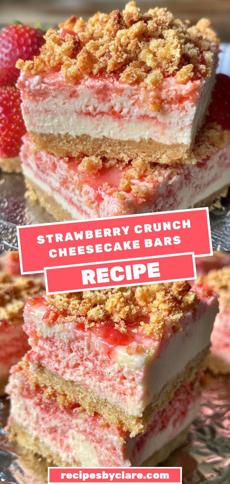 These Strawberry Crunch Cheesecake Bars combine creamy cheesecake with a crunchy strawberry-flavored topping. A deliciously fruity and crunchy treat that’s perfect for any occasion!

Ingredients:

1 ½ cups graham cracker crumbs
2 (8 oz) packages cream cheese, softened
1 cup strawberry-flavored cereal
Each bite is a perfect blend of creamy and crunchy goodness! Cranberry Crunch Bars, Crunchers Bars, Cheesecake Churro Bars, Churros Cheesecake Bites, Mini Strawberry Crunch Cheesecake, Protein Strawberry Cheesecake Bars, Strawberry Cheesecake Brownies Recipe, Strawberry Crunch Donut, Berrylicious Strawberry Crunch Cheesecake