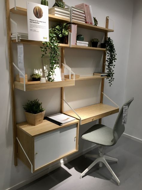 Ikea SVALNAS Combination price £260 (SVALNAS wall upright £10 x 3, SVALNAS desk space £55 x 1, SVALNAS shelf £20 x 3, SVALNAS shelf £15 x 2, SVALNAS cabinet £60 x 2, SVALNAS shelf £25 x 1) Svalnas Ikea Hack, Ikea Shelfs On Wall, Ikea Wall Desk, Ikea Svalnas, Kids Room Desk, Home Office Furniture Design, Ikea Wall, Office Furniture Design, Desk Space