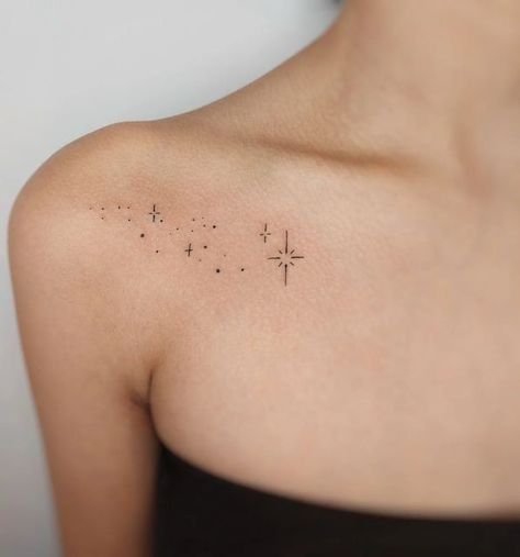 Small Tattoo Ideas On Shoulder, Stardust Tattoo Shoulder, Celestial Space Tattoo, Sparkles On Collarbone Tattoo, When You Wish Upon A Star Tattoo, Shoulder Stars Tattoo, Collarbone Star Tattoo, Star Tattoos On Shoulder, Tattoo On Back Shoulder