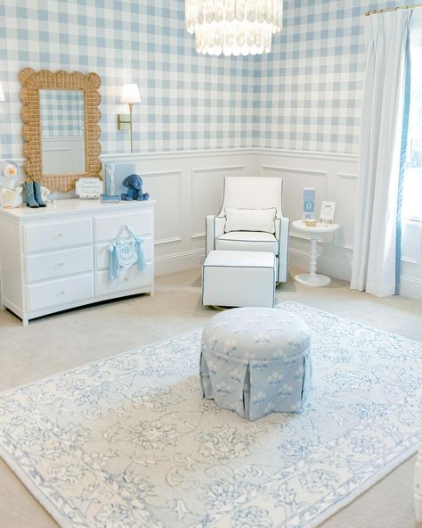 When your dream nursery comes together. This sweet baby boy’s room features our Luca Glider and Ottoman in our Performance Microfibre White with Denim Blue Piping, both with a gold swivel base. We love the pop of blue 🩵 #montedesign Blue Trim Nursery, Blue And White Gingham Nursery, Traditional Blue And White Nursery, Blue And White Nursery Girl, French Blue Nursery, Baby Blue Boy Nursery, Light Blue Boy Nursery, Blue And Green Nursery Boy, Baby Blue Nursery Boy