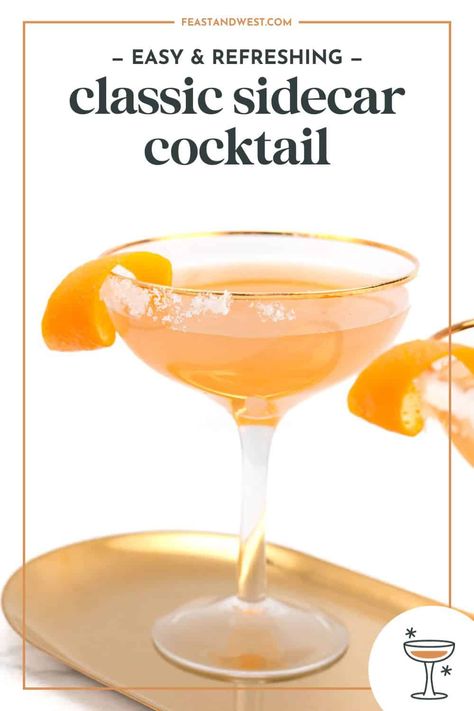 Learn how to make a classic sidecar cocktail, a mix of brandy, Cointreau and lemon juice. Impress with this easy, elegant drink recipe. Peach Sidecar Cocktail, Sidecar Cocktail Recipe, Side Car Drink Cocktails, Side Car Cocktail, Sidecar Drink, Sidecar Recipe, Cointreau Cocktails, Frozen Drinks Alcohol, Sidecar Cocktail