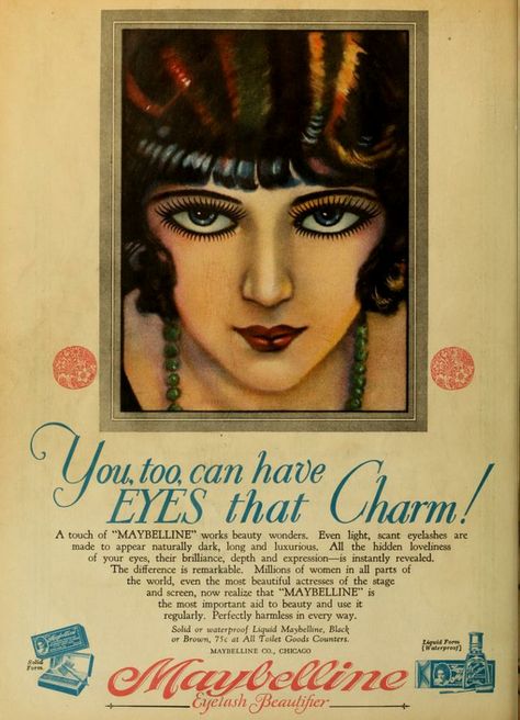 1920s Maybelline ad - I had no idea that the flappers had mascara!! Those that know me know I don't want to be caught dead without mascara - what a relief to know if I had been born during the flapper era, I could still have had my eye makeup! 1920s Makeup Tutorial, Maquillage Goth, 1920s Makeup, Vintage Makeup Ads, 1920s Looks, Maybelline Mascara, Makeup Ads, Clara Bow, Louise Brooks