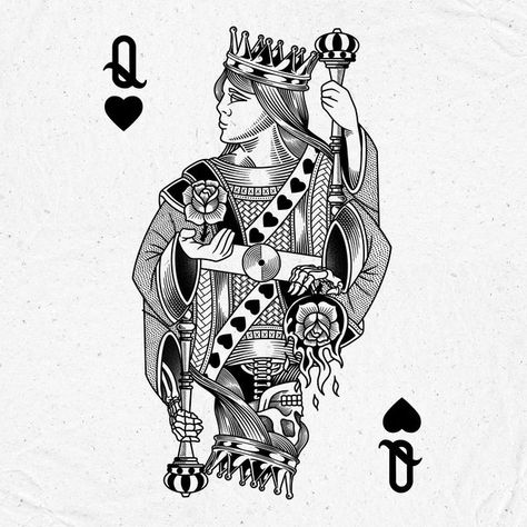 Queen Of Spades Card Tattoo, Queen Playing Card Tattoo, Queen Of Hearts Tattoo Cards, Queen Of Hearts Card Tattoo, King Of Spades Tattoo, Queen Card Tattoo, March Tattoo, King Of Hearts Tattoo, Playing Card Tattoo