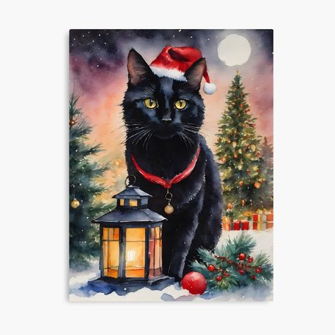 Get my art printed on awesome products. Support me at Redbubble #RBandME: https://www.redbubble.com/i/canvas-print/Christmas-Black-Cat-Winter-Scene-Black-Cat-in-Santa-Hat-by-Arwen-Art/154096769.5Y5V7?asc=u Christmas Black Cat, Scene Black, Cat Winter, Cat Greeting Cards, Christmas Wear, Winter Szenen, Christmas Black, Whimsical Christmas, Black Christmas