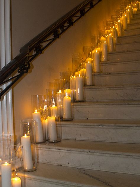 Staircase With Candles, Candle Stairs Wedding, Candle Entryway Wedding, Candles On Stairs Wedding, Candles On Stairs, Staircase Candles, Candle Staircase, Candle Lit Aisle, Candle Stairs