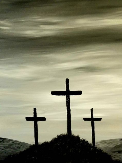 Three Crosses On A Hill Painting, Calvary Painting, Cross On A Hill, Jesus Tattoos, Calvary Cross, Cross Background, Christian Iphone Wallpaper, Church Backgrounds, Jesus Tattoo