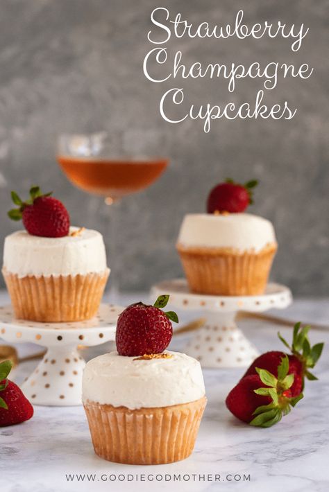 These delicious cupcakes are surprisingly easy. They are stuffed with a homemade strawberry champagne filling and topped with champagne buttercream frosting. Can you say YUM? Strawberry Champagne Cupcakes are a sweet treat that make a great dessert for Valentine's Day, a bridal shower, or a birthday! Plus you may have some champagne left over for some mimosas. #cupcakes #strawberry #champagne #dessert #recipe Will You Be My Godmother Cupcakes, Unique Cupcake Recipes, Champagne Frosting, Cupcake Recipes Unique, Pickle Salad, Buttercream Recipes, Boozy Cupcakes, Champagne Cupcakes, Unique Cupcakes