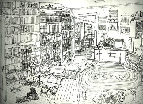 Messy Room Sketch, Messy Room Illustration, Messy Room Drawing, Messy Illustration, Messy Living Room, Taiwan Street, Pen Artwork, Interior Concept Art, Kitchen Drawing