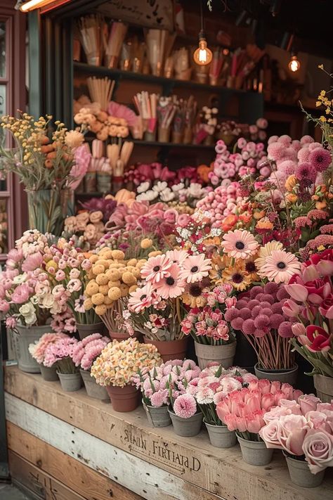 The image shows a flower shop with a variety of flowers in pots and vases. The flowers are mostly pink, white, and yellow, with some green and purple flowers as well ->> more details in ai-img-gen.com Bonito, Shelves With Flowers, Flower Display Retail, Own Shop Aesthetic, Small Business Flower Shop, Flower Trailer Ideas, Italian Flower Shop, Parisian Flower Shop, Flower Shop Owner Aesthetic