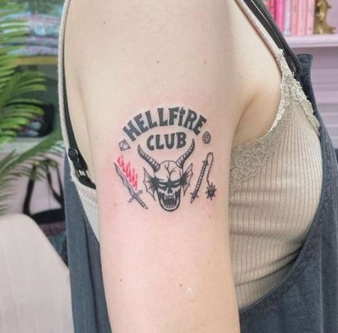 Tattoo Queen, Stranger Things Tattoo, Tattoo Design For Hand, Club Tattoo, Hellfire Club, Movie Tattoos, Half Sleeve Tattoos For Guys, 4 Tattoo, Doodle Tattoo