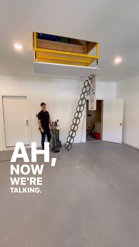 Matt Risinger on Instagram: “The @majicstairs attic lift! My first install. I’ll be using these a lot in my Builds. #attic #lift #storage #organize #organizing…” Garage Steps To Attic, Attic Lift System, Attic Lifts Garage, Garage Lift Ideas, Garage Attic Stairs, Garage Lift Storage, Garage Storage Lift, Garage Attic Lift, Attic Storage Ideas