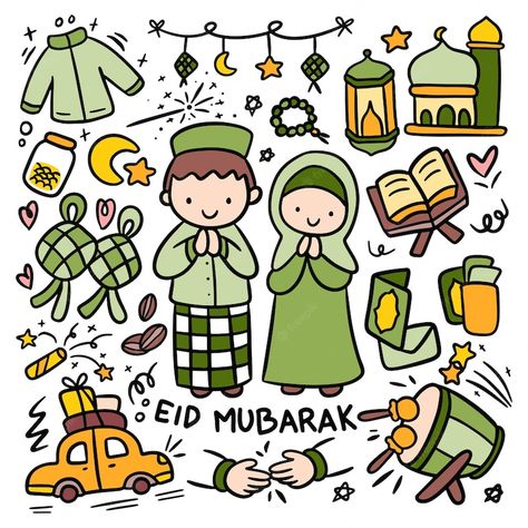 Premium Vector | Eid al fitr celebration doodle set idul fitri kawaii clip art Stiker Idul Fitri, Kad Raya, Poster Ramadhan, Eid Envelopes, Happy Ramadan Mubarak, Eid Hampers, Eid Al Adha Greetings, Kawaii Doodle, Ramadhan Kareem