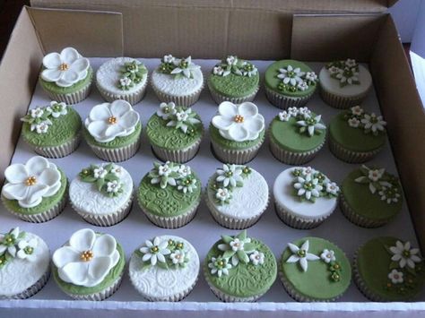 Wedding cupcakes - ivory and olive green Sage Green Themed Sweet 16, Cottage Theme Birthday Party, Tiana Desserts, Sweet 16 Decorations Sage Green, Enchanted Forest Quinceanera Dresses Green, Quinceanera Themes Sage Green, Forest Sweet 16 Ideas, Princess And The Frog Quince Cake, Cottage Core Sweet 16 Theme