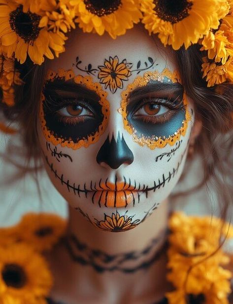 Dia De Los Muertos Makeup With Jewels, Dis Los Muertos Makeup, Sugar Skull Facepainting, Sugar Skull Makeup Ideas, Easy Catrina Costume, Orange Catrina Makeup, Dia Del Muerto Make Up, Day Of The Dead Makeup Ideas, Sugar Skull Head Piece Diy