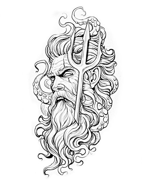 #CoolTattoos #TattooArt #InkMaster #TattooDesigns #InkedUp #TattooLovers #InkInspiration #TattooIdeas #CreativeInk #TattooStyle Poseidon Drawing Art, Poseidon Tattoo Stencil, Greek Drawings Mythology, Posiden Tattoo Design, Greek Mythology Drawings, Greek Mythology Tattoo Ideas, Poseidon Tattoos, Poseidon Drawing, Poseidon Tattoo Design