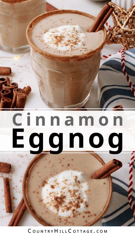 Celebrate the holidays with a festive cinnamon eggnog! This easy spiced eggnog recipe combines creamy eggnog and warming cinnamon for the coziest sip of the season. It's a delicious drink to warm up your festive celebrations. Eggnog is a classic wintertime and holiday drink. It has a rich, creamy texture and is traditionally made with milk, sugar, egg yolks, and sometimes egg whites. This homemade cinnamon eggnog is beautifully thick and creamy and wonderfully spiced. | CountryHillCottage.com Eggnog Drinks Nonalcoholic, Alcohol Free Eggnog Recipe, Eggnog Recipe With Alcohol, Eggnog Treats, Holiday Coffee Drinks, Alcoholic Eggnog, Dairy Free Egg Nog, Eggnog Recipes, Eggnog Drinks