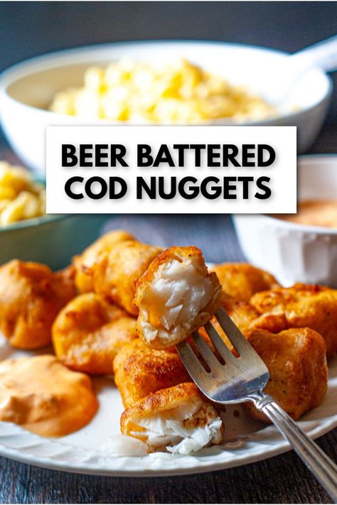 These easy beer battered cod nuggets are perfect for a family fish dinner. Skip the fish fry this year and make your own crispy, fried fish along with an easy sriracha tarter sauce! Fish Fry Dinner, Cod Nuggets, Fried Cod Recipes, Fish Nuggets, Beer Battered Cod, Battered Cod, Fried Cod, Beer Battered Fish, Comfort Casseroles