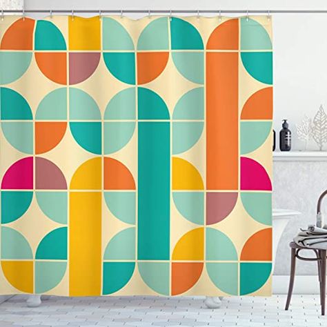 AmazonSmile: Ambesonne Retro Shower Curtain, Pop Art Funky Unusual Geometric Forms Mosaic Style Old Fashioned Graphic, Cloth Fabric Bathroom Decor Set with Hooks, 75" Long, Teal Orange : Home & Kitchen Retro Shower Curtain, Art Funky, Abstract Shower Curtain, Bathroom Decor Sets, Power Room, Geometric Forms, Shower Curtain Decor, Shower Curtain Set, Teal Orange