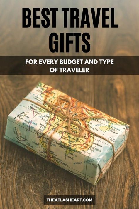 A small package wrapped in a map as wrapping paper and brown string, with the text overlay, "Best Travel Gifts." Travel Agency Gift Ideas, Diy Gift For Traveler, Bridesmaid Travel Gifts, Traveling Gift Ideas, Travel Gift For Boyfriend, Gifts For Boyfriend Going Abroad, Presents For Travelers, Travel Gift Ideas For Him, Gift For Traveling Friend