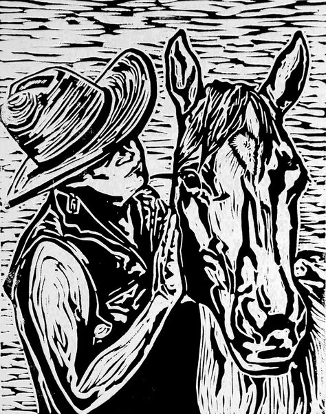 Western Linocut, Linocut Portrait, Lino Print Artists, Linoleum Prints, Diy Crochet Top, Ib Art, Western Prints, Relief Printmaking, Cowboy Art