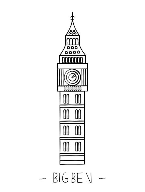 Vector illustration of London sights. London city symbol isolated on white background. Big Ben in line art style London Line Art, London Landmarks Illustration, Big Ben Illustration, Big Ben Tattoo, Big Ben Drawing, Uk Drawing, Landmarks Illustration, London Minimalist, London Drawing