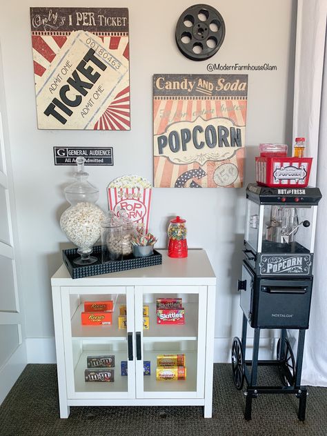 Movie room, theater room, kid popcorn, candy, snacks, family room furniture, modern farmhouse glam, media room Home Theater Room Accessories, Movie Theater Popcorn Machine, Man Cave Ideas Game Room, Media Room Popcorn Bar, Cinema Living Room Decor, Movie Theatre Living Room Ideas, Movie Theater Wall Decor, Movie Room Design Ideas, Popcorn Wall Decor