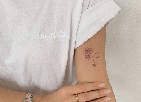 Bicep Tattoo Women, Small Inspirational Tattoos, Henne Tattoo, Feminist Tattoo, Inner Arm Tattoos, Inner Bicep Tattoo, Chic Tattoo, Flower Face, Bicep Tattoo