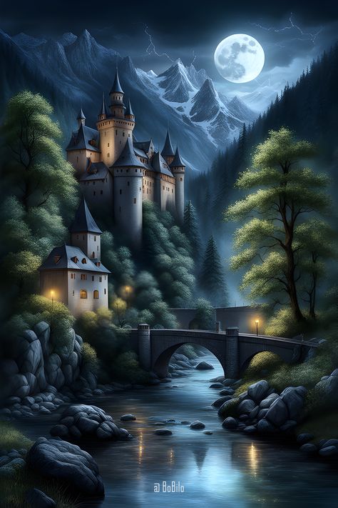 Embark on a journey through ancient fantasy realms with stunning digital depictions of castles nestled in mountainous landscapes, illuminated by the ethereal glow of the moon Mountains Dark, Writing Concepts, Castle Night, Fantasy Castles, Background Scenery, Rainy Night, Fantasy Castle, Vintage Graphic Design, Beautiful Moon