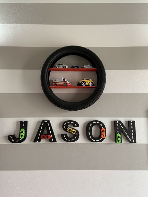 Racing Car Bedroom Ideas, Cars Theme Boys Bedroom, Hot Wheel Nursery, Diy Car Bedroom Decor, Hot Wheel Bedrooms, Car Garage Themed Bedroom, Car Playroom Ideas, Hot Wheel Theme Bedroom, Toddler Car Bedroom Ideas