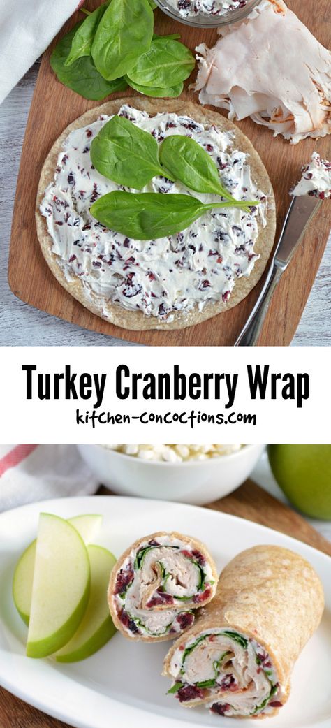 Top photo: an open face tortilla with cranberry cream cheese and spinach Bottom photo: prepared Cranberry Turkey Wrap served on a white plate with apple slices and a bowl of popcorn. Cranberry Turkey, Turkey Cranberry, Turkey Wraps, Quick Healthy Lunch, Cold Lunches, Easy Healthy Lunches, Lunch Recipe, Work Meals, Prepped Lunches