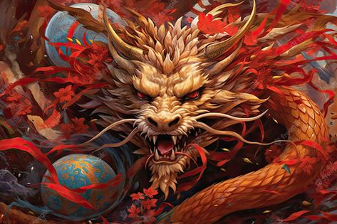 Premium AI Image | Chinese dragon new year background Illustration AI GenerativexA Dragon Banner, New Year Background, Dragon Face, New Years Background, Chinese Landscape, Chinese Dragon, Background Illustration, Chinese Art, Premium Photo