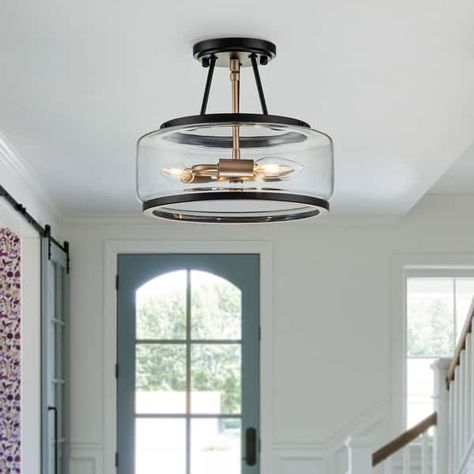 3 - Light Industrial-style Black Lantern Glass Semi Flush Mount - On Sale - Bed Bath & Beyond - 37280123 Entry Way Hallway, Semi Flush Mount Light, Living Room Entry, Entry Lighting, Flush Mount Chandelier, Industrial Style Lighting, Black Lantern, Entryway Lighting, Crystal Ceiling Light