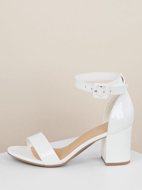 Patent Open Toe Ankle Strap High Heel Sandals Kasut Pengantin, Navy And Burgundy Wedding, Shoes Shein, White High Heels, Ankle Strap High Heels, Ankle Heels, White Heels, Heels Sandals, Trendy Shoes