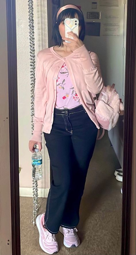 Pink Sneakers Outfit Aesthetic, Sneakers Outfit Aesthetic, Pink Sneakers Outfit, Aesthetic Cardigan, My Melody Plush, Melody Plush, Fashion Girly, Girly Outfit, Girly Aesthetic