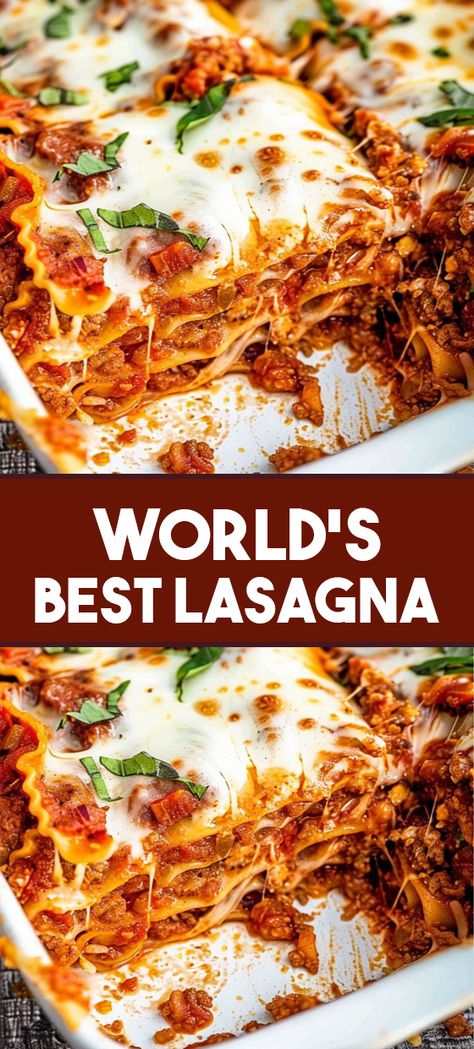 Discover the ultimate lasagna recipe that will tantalize your taste buds and satisfy your cravings! This mouthwatering homemade lasagna is a perfect blend of sweet Italian sausage, lean ground beef, and a medley of aromatic herbs and spices. Layered with creamy ricotta cheese, gooey mozzarella, and grated Parmesan, every bite is a burst of flavor. Perfect for family dinners, gatherings, or cozy nights in, this classic Italian dish is sure to become a favorite. Most Amazing Lasagna, World's Best Lasagna, Worlds Best Lasagna, Lasagna Dinner, Homemade Bolognese Sauce, Homemade Lasagna Recipes, Lasagna Recipe With Ricotta, Pasta Homemade, Best Lasagna