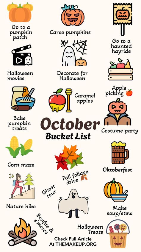 October Bucket List: Fun Fall Activities & Spooky Season Ideas October Fall Activities, Things To Do On October 1st, Month Of October Activities, Things To Do Before Halloween, Autumn Stuff To Do, Halloween Weekend Ideas, Halloween Month Activities, How To Celebrate Halloween, Halloween Ideas Activities