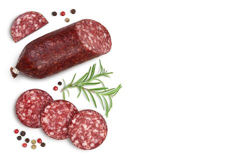 Smoked sausage salami with slices isolated on white background with clipping path. Top view with copy space for your text. Flat lay. Smoked Sausage, Top View, Flat Lay, White Background, Photoshop, Meat, Plato